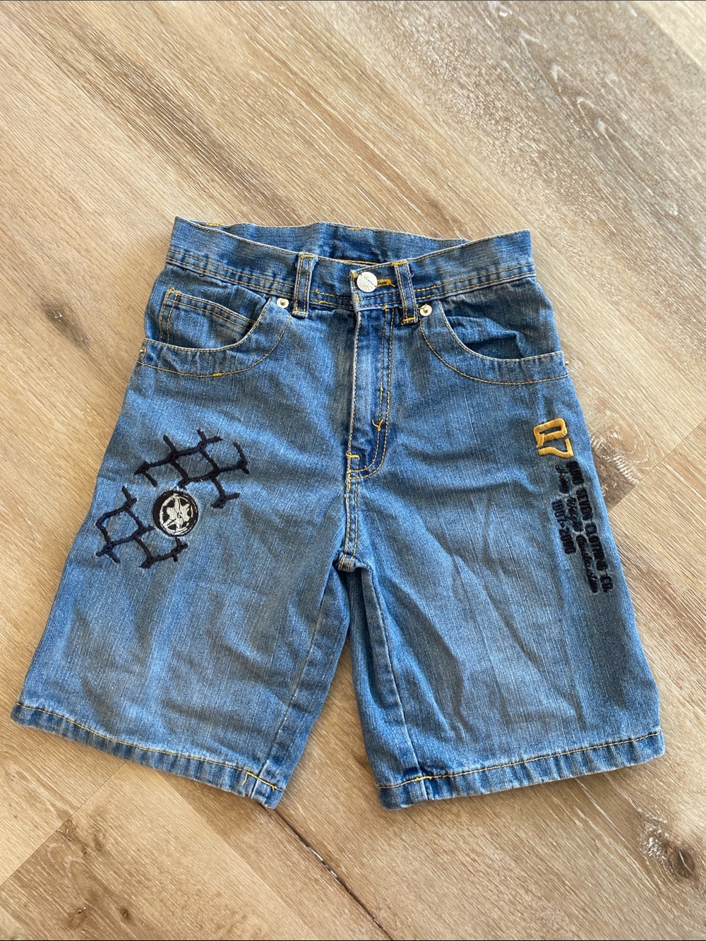 Y2K Urban Extreme Jeans Boys Cargo Shorts Embroidery Blue Denim Size 6